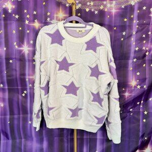 Blue Velvet - Crew Neck Star Graphic Sweatshirt - White, Purple - L/XL